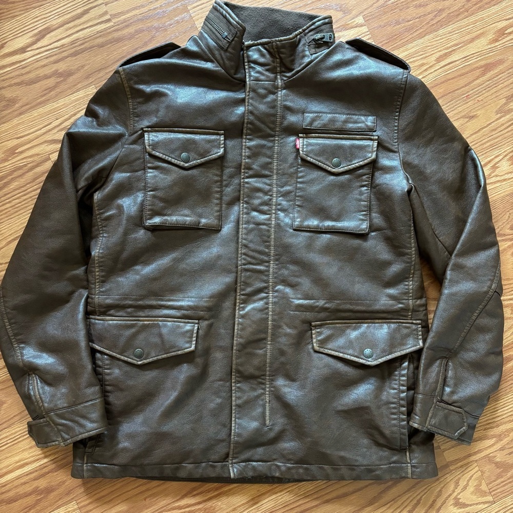 Levi's Men's‎ 4-Pocket Field Military Jacket Large Saddle Faux Leather Sherpa - Picture 3 of 14